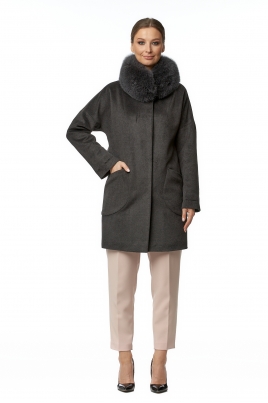 Женское пальто из текстиля с воротником, отделка песец