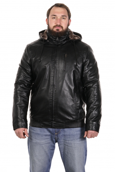 Мужская кожаная куртка из эко-кожи с капюшоном, отделка искусственный мех 8022702
